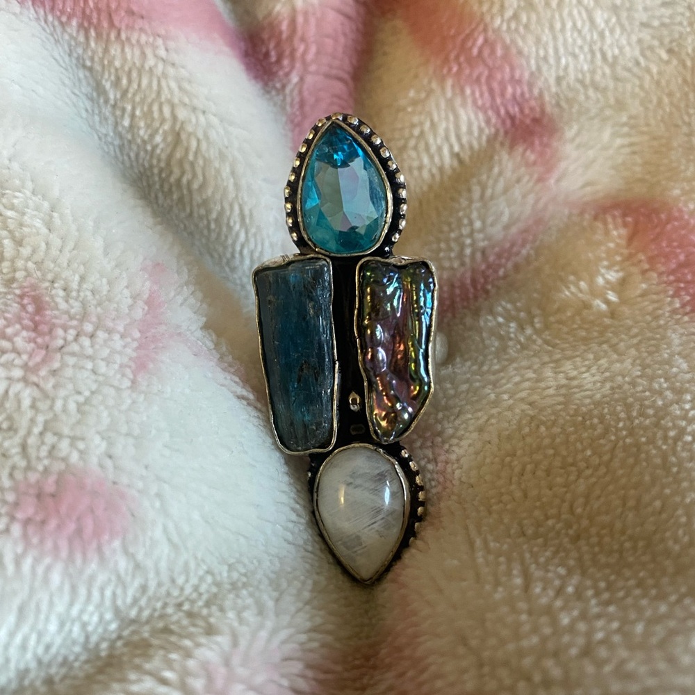 Real Biwa Pearl and Blue Topaz 925 Ring